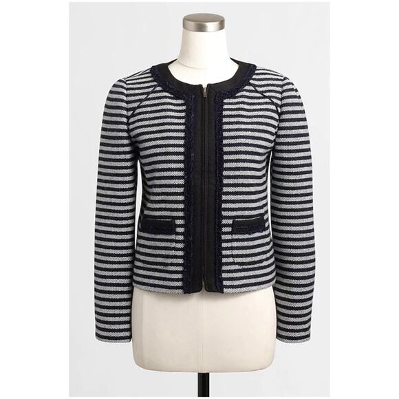 J. Crew Women’s Sz 8 Blue Stripe Blazer Jacket Tweed Zip Front Cropped - Picture 1 of 13